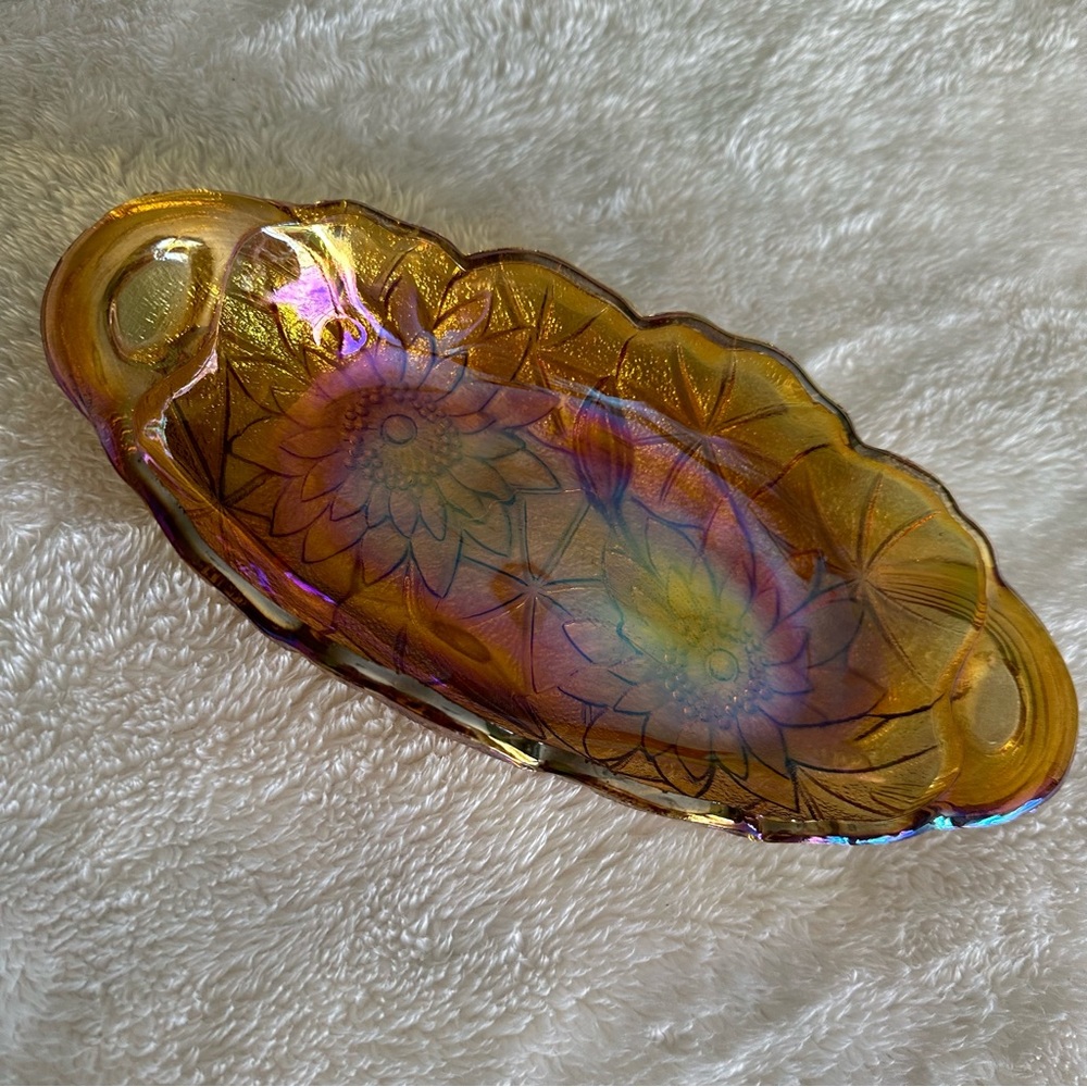 Vintage Amber Carnival Glass Sunflower Pattern Dish Vintage Marigold Candy Dish